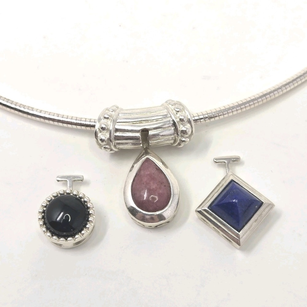 Milor Italy Sterling Silver Interchangeable Pendant Omega Chain Lapis Onyx 18"
